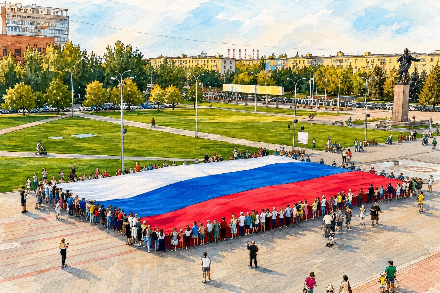 🇷🇺 Огромный триколор размером с небольшой дом развернут в Волжском на День России.