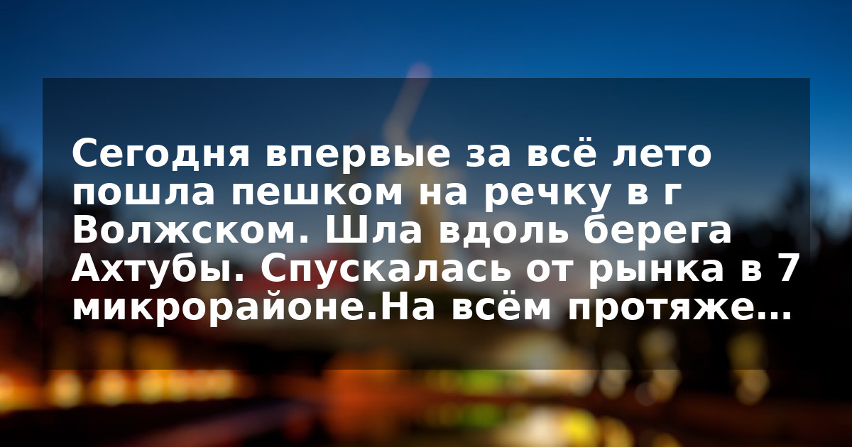 Сегодня впервые за всё лето пошла пешком на речку в г Волжском. Шла вдоль берега Ахтубы. Спускалась от рынка в 7 микрорайоне.На всём протяже…