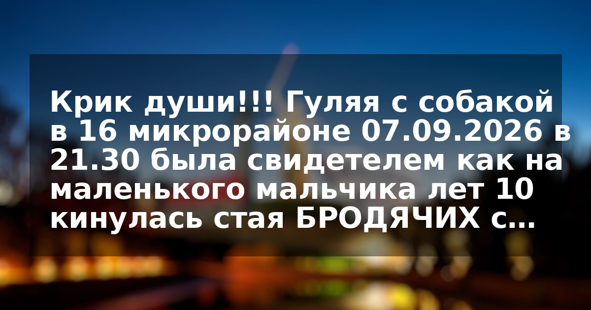 Крик души!!! Гуляя с собакой в 16 микрорайоне  07.09.2026 в 21.30 была свидетелем как на маленького мальчика лет 10 кинулась стая БРОДЯЧИХ с…
