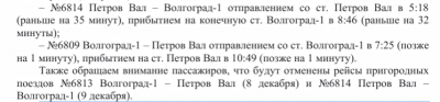 Расписание некоторых электричек  в Волгоградской области изменится в декабре